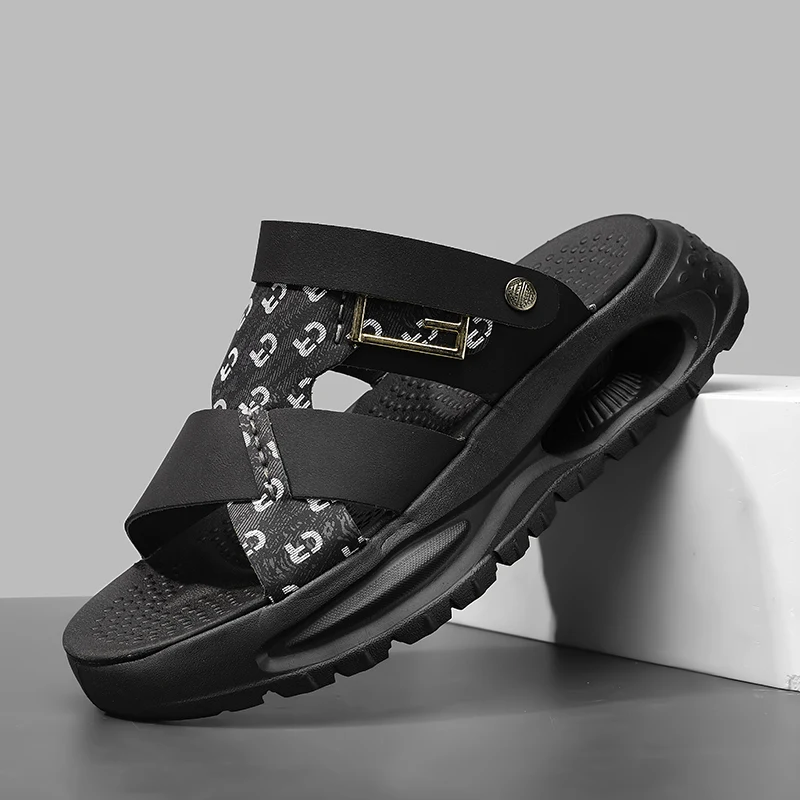 Outdoor Beach Sandals Men Pu Leather Flats Solid Colour Men's Running Footwear Fashion Outsole  Male Sports Summer Good Quality