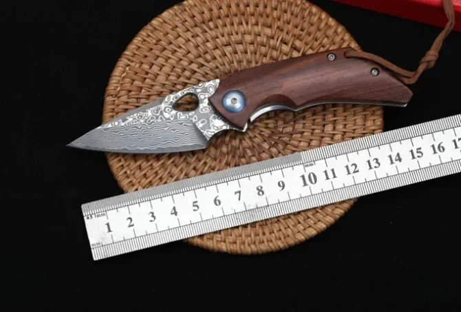 Olecranon Small Pocket Folding Knife Damascus Blade Rosewood Handle Tactical Rescue Hunting Camping EDC Survival Tool Knives