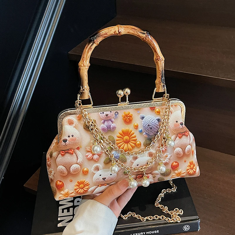 

Chain Handbag Cute Cartoon Crossbody Bag For Women Casual Fashion Clutch Brand Shell bolsa feminina Vintage Bamboo Handle Tote