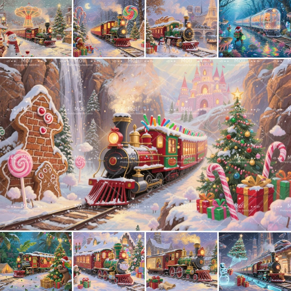 

Christmas Train Backgrounds For Photographs Christmas Tree Snowman Family Kids Portrait Decorations Photography Backdrop