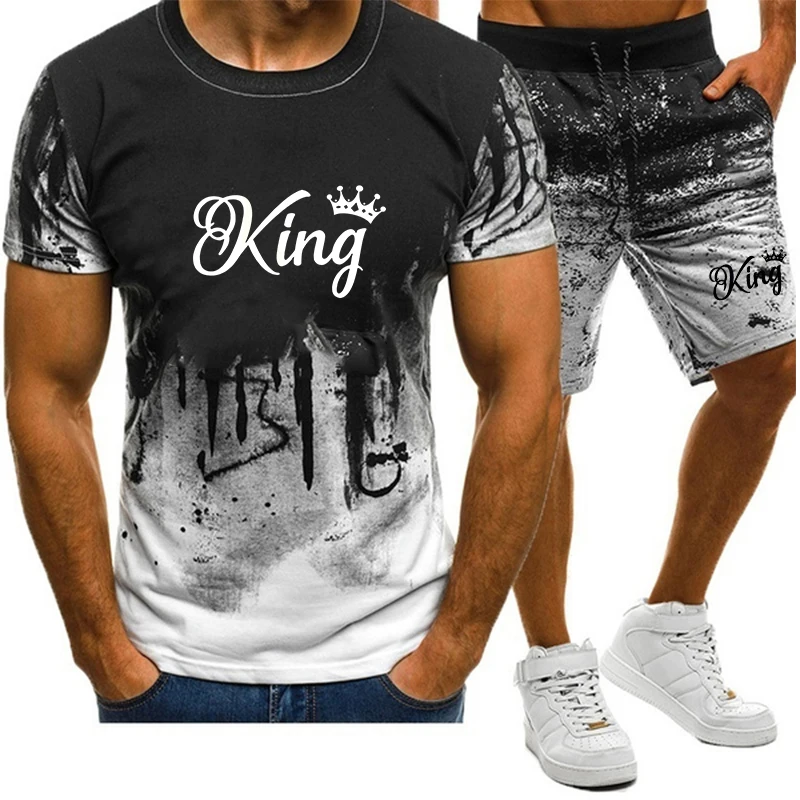 Fashion Male Summer Cotton T-Shirt Men Tops Hip Hop Ink Short Pants Seaside Harajuku Sport Loose Printed Running Street Outfits