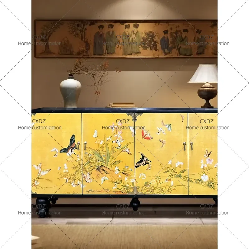 Medieval Style Solid Wood Dining Side Cabinet Living Room Wall Storage Locker Decorative Cabinet Household Furniture
