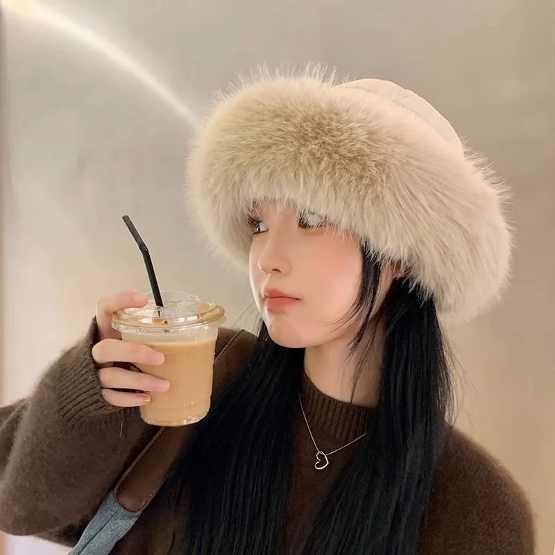 Women Thicken Plush Bucket Hat Large Size Winter Warm Rabbit Fur Hats for Women Flat Top Panama Outdoor Fisherman Caps Gorras