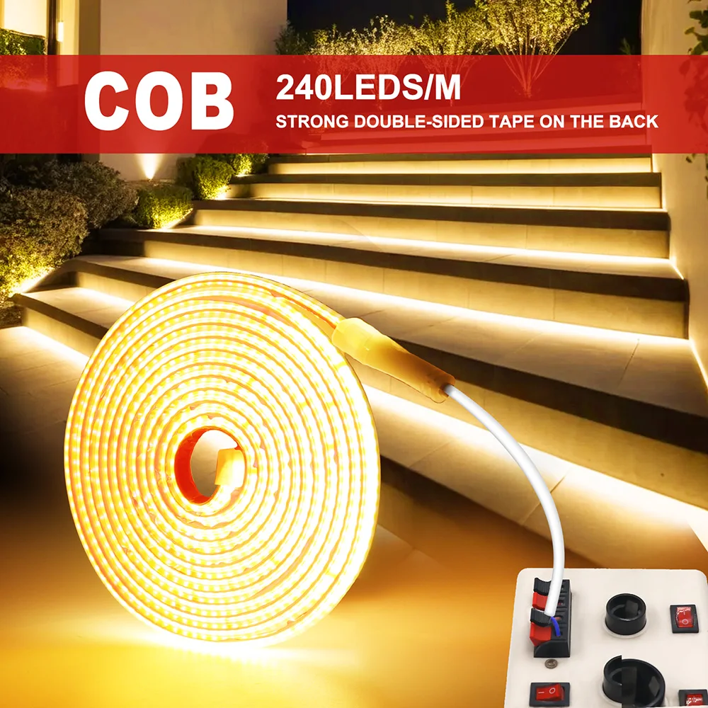 Bande lumineuse LED COB à intensité variable avec adhésif, lampe à ruban flexible, éclairage linéaire, décoration de la maison, 220V, 240 gible, RA90