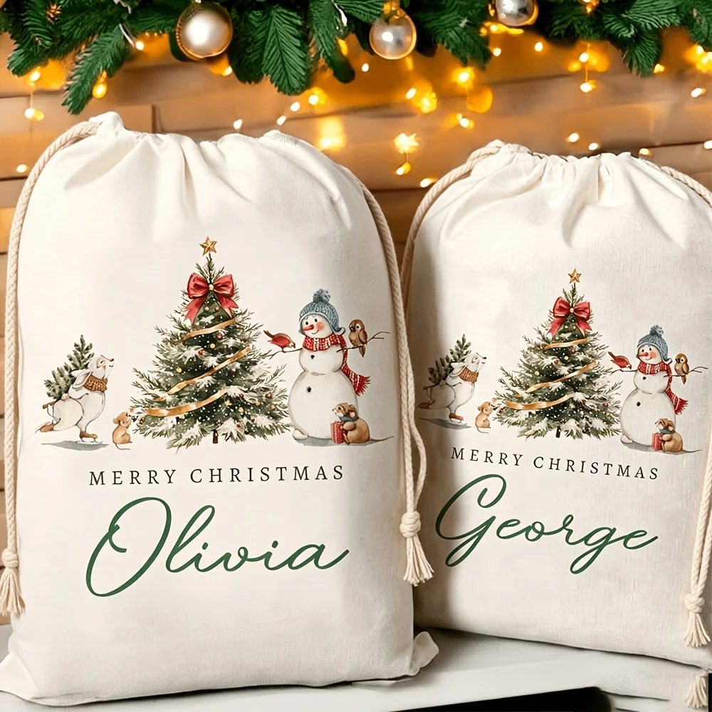 1Pc Custom Name/Text Christmas Imitation Hemp Gift Bag,Xmas Tree Pattern Drawstring Closure Storage Bags,Holiday Party Candy Bag