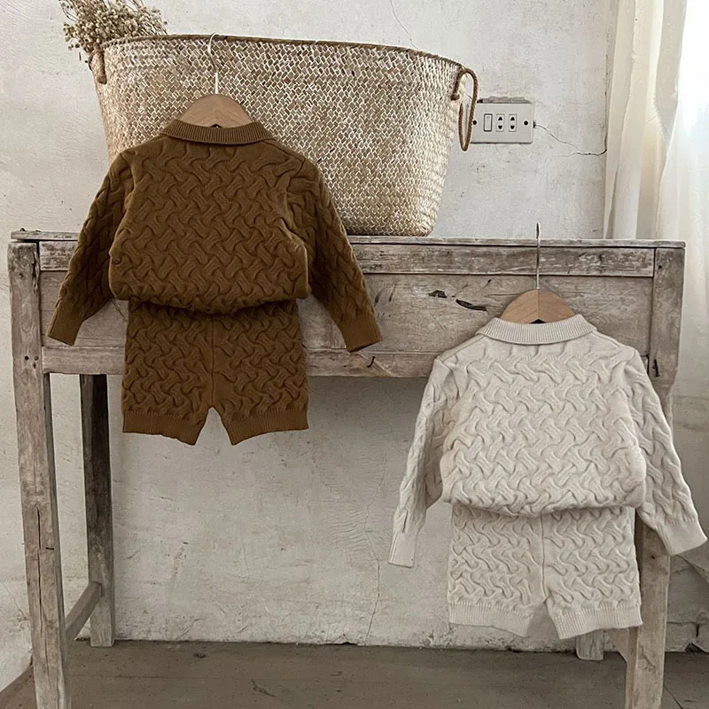 2024 New Autumn Infant Baby Girls Clothing Set Long Sleeved Solid Color Knitted Cardigan+Shorts Toddler Baby Girl Clothes Suit