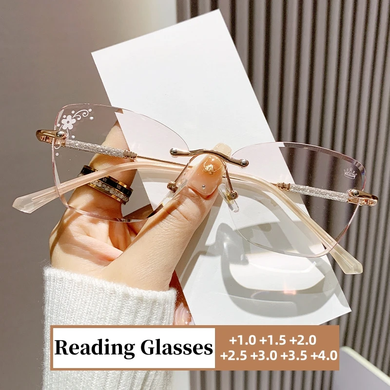 

Fashion Diamond Women Reading Glasses Trendy Rimless High Definition Anti-blue Light Presbyopia Eyewear Far-sighted Eyeglasses