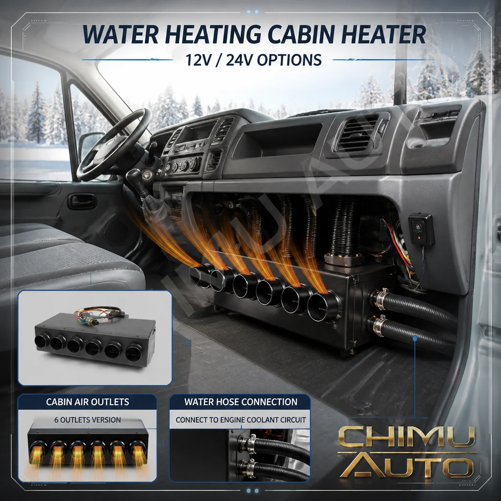 【CHIMU AUTO】12V 24V Car Water Heating Cabin Heater 4/6 Outlet Copper Tube Fan Box 3-Speed Warm Air System