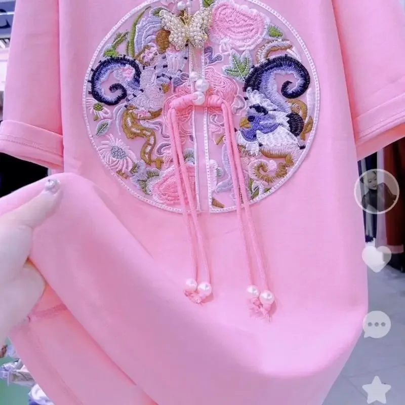 2026 Summer New Women's Chinese Style Embroidery Loose Short-sleeved Round Neck Butterfly T-shirt Retro Buckle Top