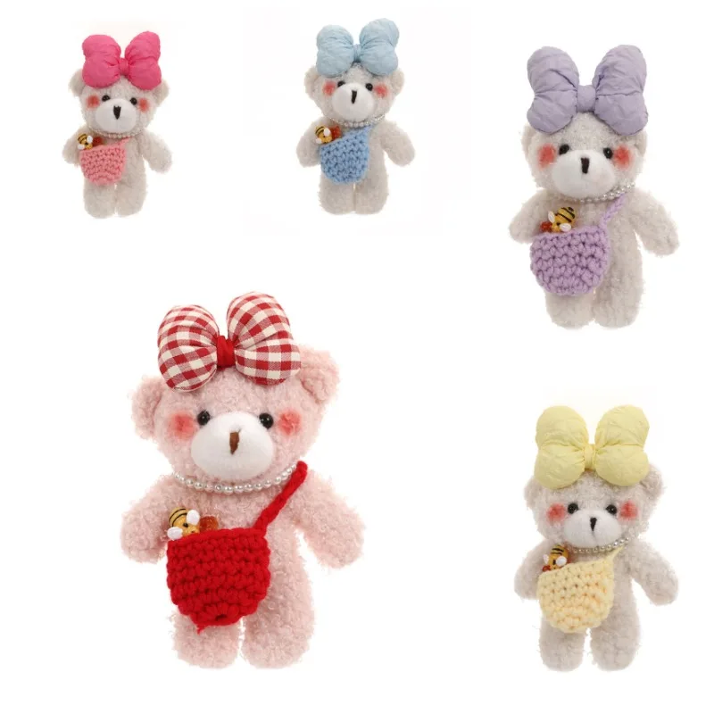 12cm Cute Bowknot Bear With Shoulder Bag Plush Toy Keychain Kawaii Bear Pendant Doll Birthday Couple Gift