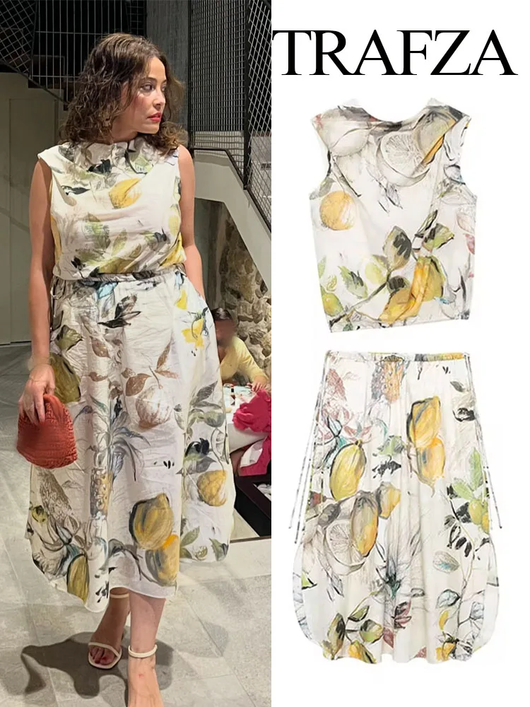 TRAFZA Summer Fashion Women Suits Print O-Neck Sleeveless Bohemian Style Asymmetrical Short Tops+Elastic Waist Side Slit Skirts