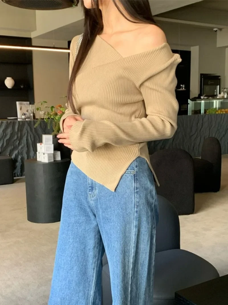 Slash Neck Off Shoulder Ropa Mujer Long Sleeve Roupas Feminina 2024 Autumn Woman Outerwears Korean Chic New Tops Simple Sweater