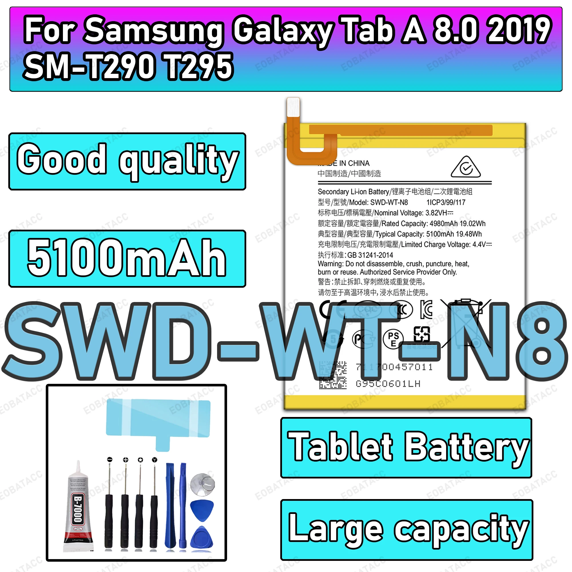

100% New Zero Cycle SWD-WT-N8 Battery For Samsung Galaxy Tab A 8.0 2019/SM-T290/T295 Replacement Bateria +Free Tools