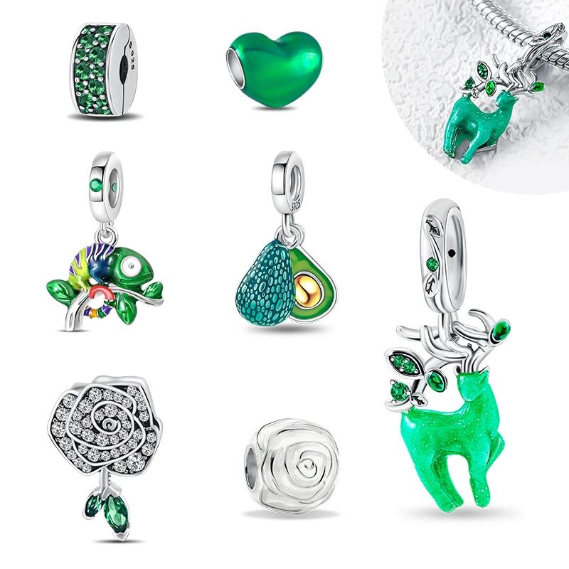 Abalorios de Plata 925 con Corazón Verde para Pulseras Originales, Abalorios para Bolsos, Llaveros, Colgantes DIY, Regalo de Joyería para Mujer