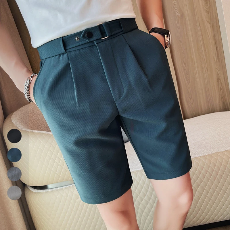 Casual Fashion Middle Pants Non-Ironing Treatment，Men\'s Summer New Cropped Pants, Slim-Fit Solid Color Dark Striped Suit Shorts