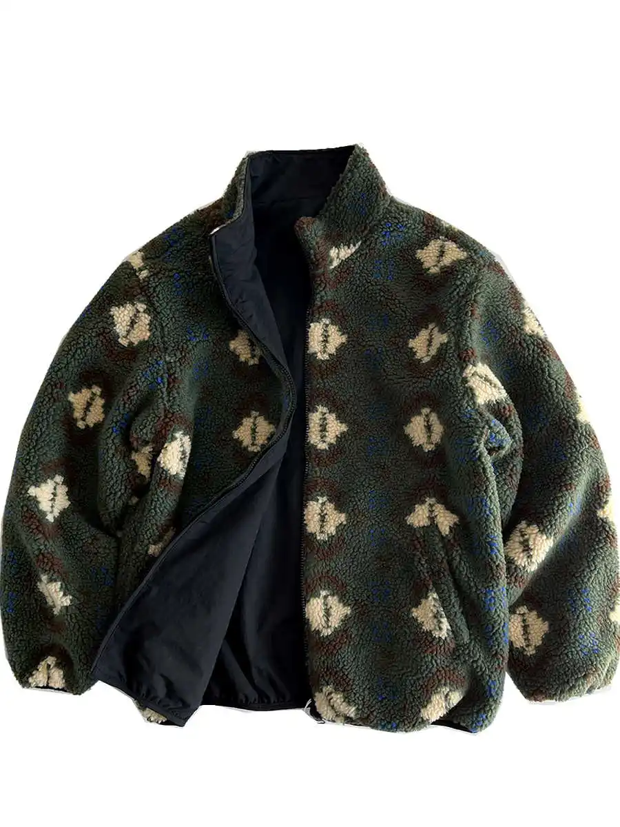 Double Sided Cotton Jacket American Style Plush and Thickened Imitation Lamb Wool Stand Up Collar Functional Loose Coat for Men