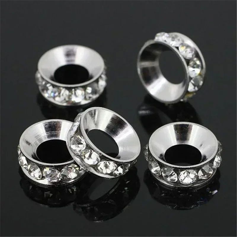 20pcs Metal Rondelle Rhinestone Crystal Spacer Beads 10mm Big Hole European Charms Fit DIY Bracelet Jewelry