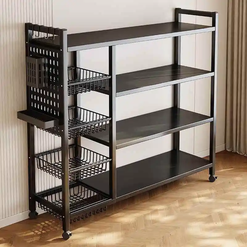

Kitchen Storage Rack with Retractable Design Multi-Layer Fruit Vegetable Basket And Hooks Mobile with Universal Wheels