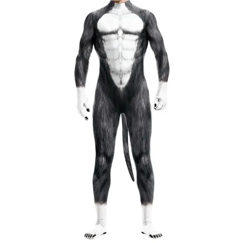 Men 3D Animal Print Cosplay Bodysuit, Full Body Zentai Costume with Tail for Halloween Cosplay