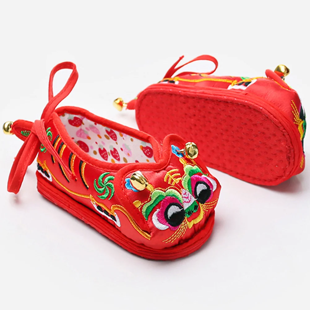 Tiger Embroidered Shoes Kids Toddler Infant Silk Warm Footwear 16 Code Chinese Red Non Slip Shoes For Babies