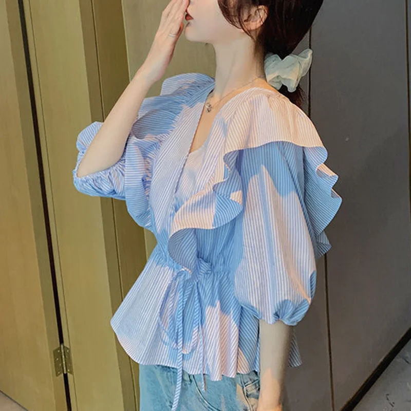 Elegant Ruffles Bandage Bow Shirring Striped Puff Sleeve Blouse Female Clothing 2023 Summer New Casual Pullovers Sweet Shirt