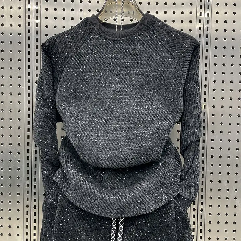 

Spring Autumn Chenille Fashionable Sports Leisure Trendy Men's Striped Loose Sweatshirt Trousers Two-piece Set Handsome Youth