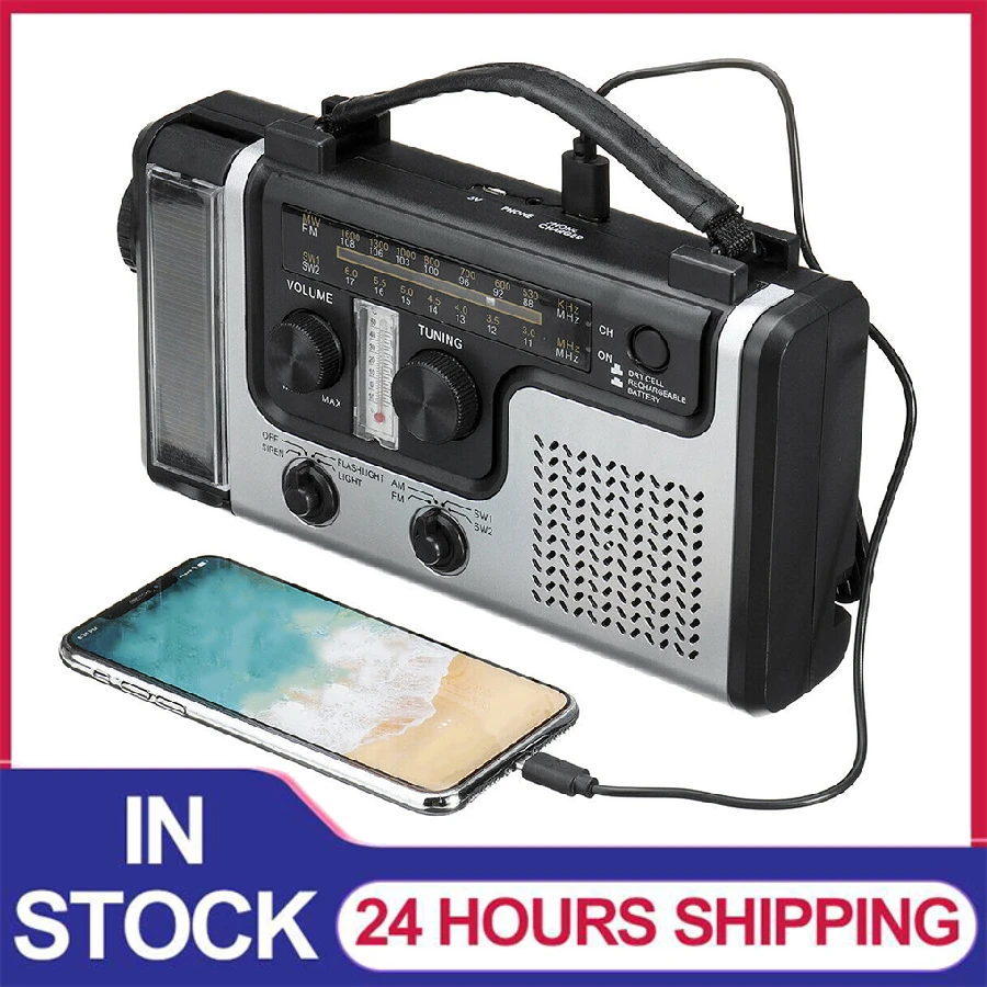 Portable Emergency Solar Power Radio Hand Crank Charging Radio AM FM SW1 SW2 Multi-band Radio with Flashlight Bank Phone Charger