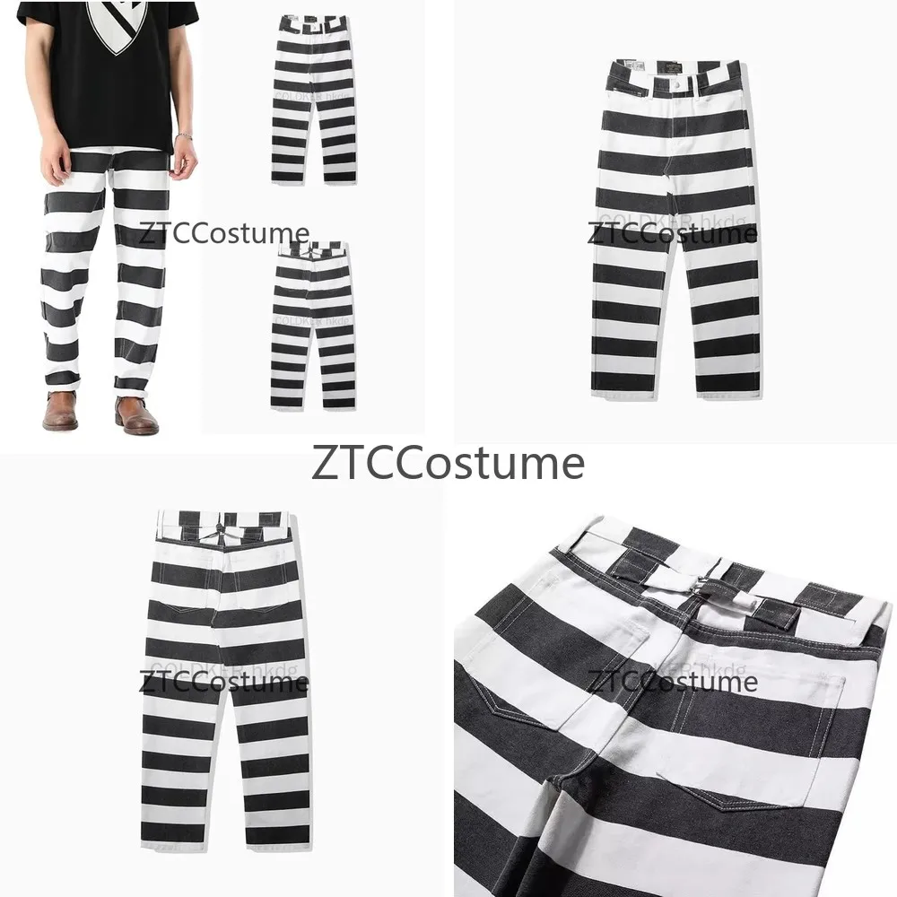 

Cosplay Heavyweight Cotton Canvas Biker Trousers Mens Black White Striped Loose Fit Prison Style Casual Work Pants