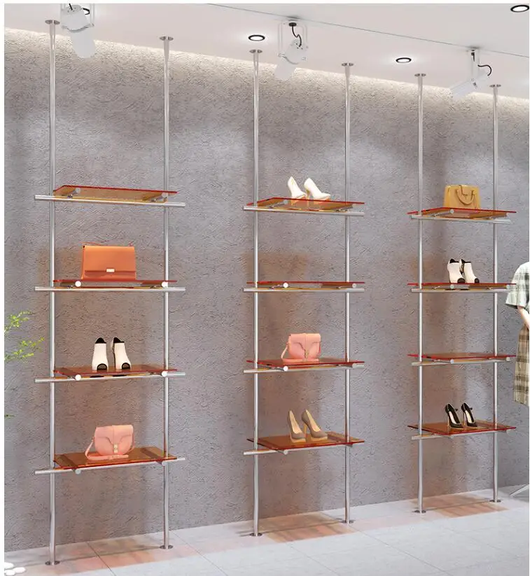 Shoe store shoe rack display shelf Wall column Stainless steel live shoe shelf clothing store bag storage display shelf