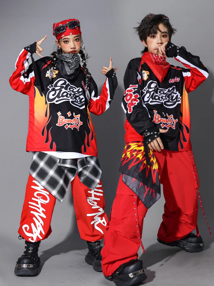 Neue Hip Hop Jungen Coole Langarm-shirt Rote Weste Cargo Hosen Mädchen K-pop Streetwear Kostüm Gruppe Jazz Street Dance kleidung Set