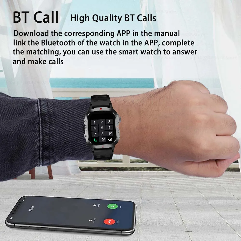 ساعة ذكية عسكرية خارجية للرجال 2.01 HD مراقبة الصحة BT Call Diy Faces مصباح يدوي شحن لاسلكي ساعات متعددة الوظائف