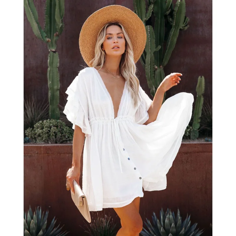 Cover Up White Beach Shirts Tunic Summer Dress Women 2023 Rayon Holiday Lace Cut Out Bathing Suits Robe De Plage Femme