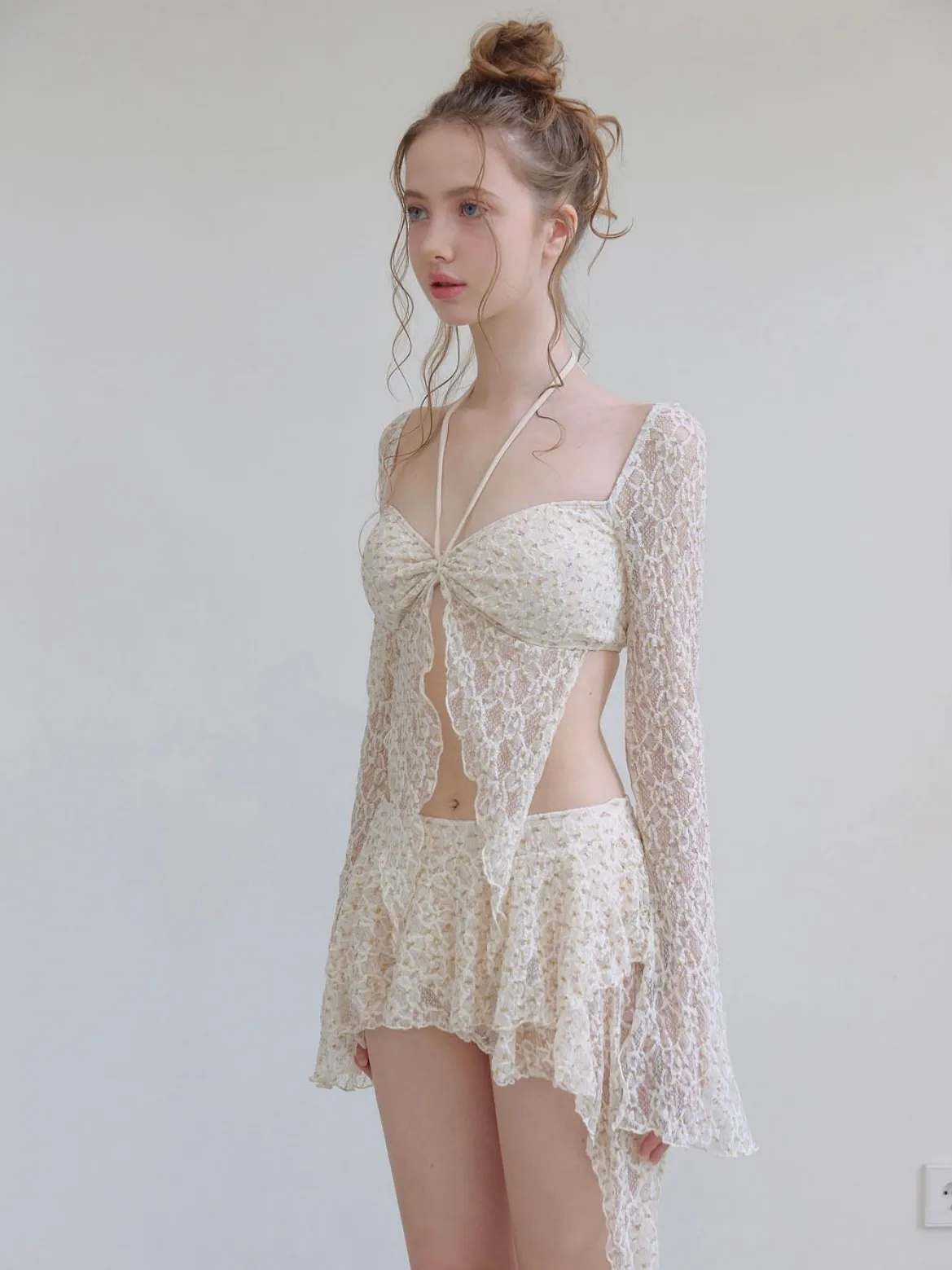 

Кружевной купальник с квадратным вырезом и длинными рукавами, женский, с эффектом утяжки талии, для термальных источников, двухсекционный, для весеннего сезона