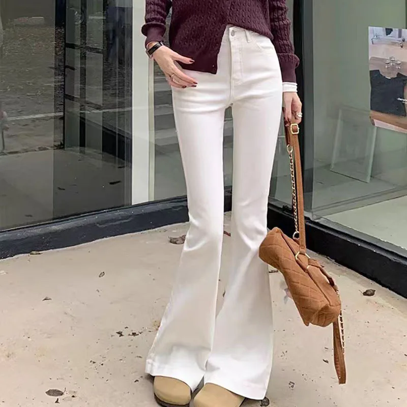 

Белые джинсы с высокой талией в стиле ретро, женские модные удобные эластичные узкие повседневные джинсы в пол на четыре сезона