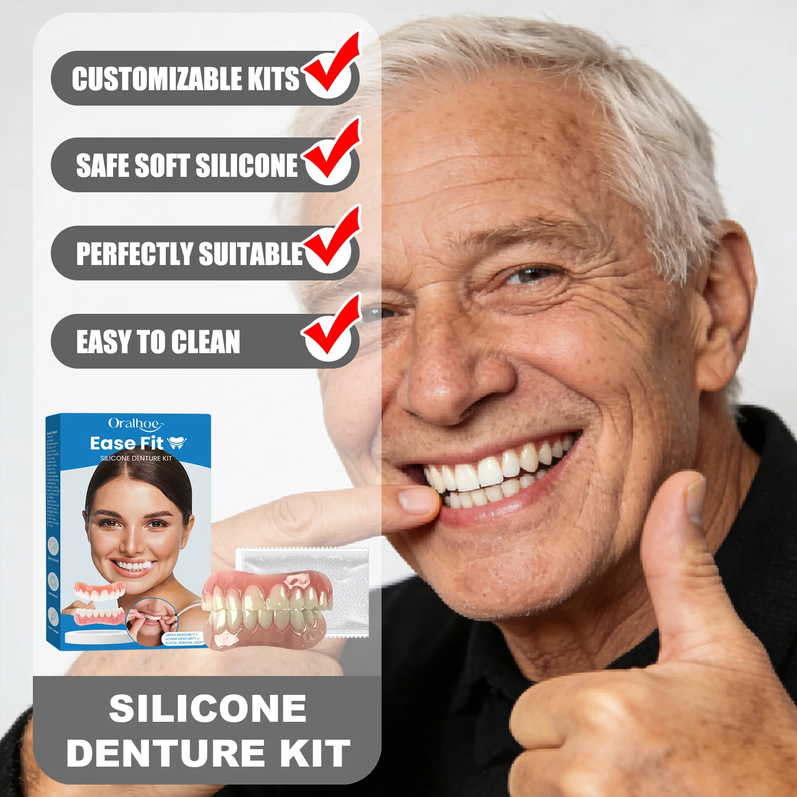 

Настраиваемый силиконовый набор для зубных протезов ORALHOE, идеально подходит, безопасный, мягкий, удобный, многоразовый и легко чистится, устойчивый к износу