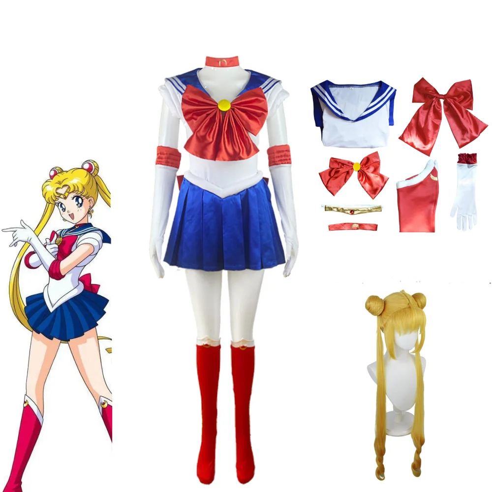 

Anime Sailor Moon Cosplay Costume Tsukino Usagi Uniform Dress Outfits Wig Cosplay for Women Girls Carnival Party Set