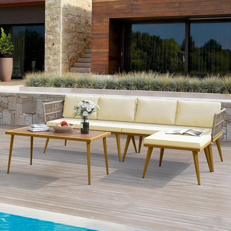 

QWITAHOME 4 Pieces Patio Furniture Set, Outdoor Rattan Woven Conversation Sectional L-Shaped Sofa with 5 Seater for Backyard, Po