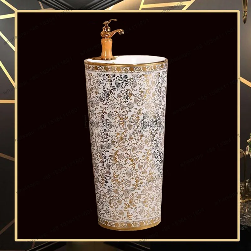 Electroplated gold integrated large column basin full gold pattern gold edge wash basin
