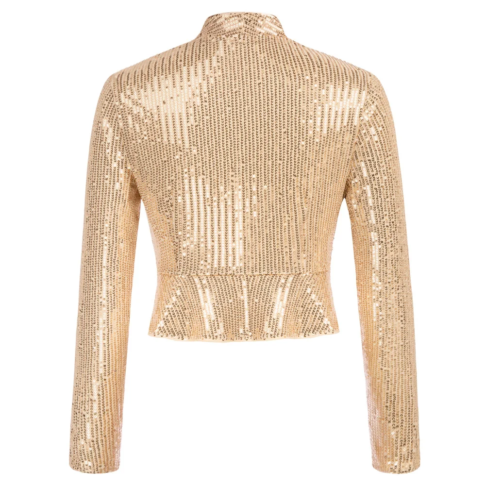Belle Poque Women\'s Sequin Jacket Long Sleeve Open Front Glitter Cropped Blazer Bolero Shrug Vintage Sequined Ruffled Hem Party