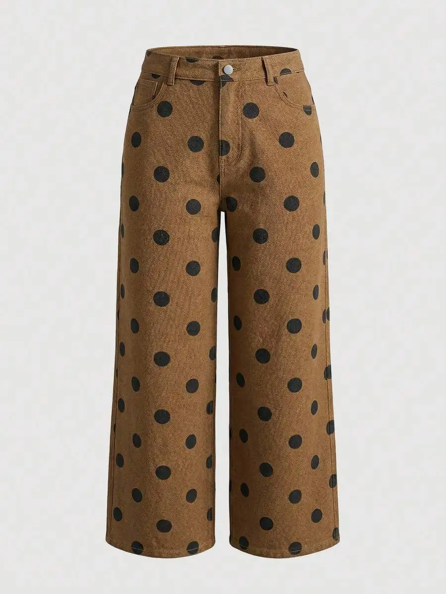 

Print Loose Wide Leg Denim Pants For Women Casual Baggy Streetwear Fall Western Style