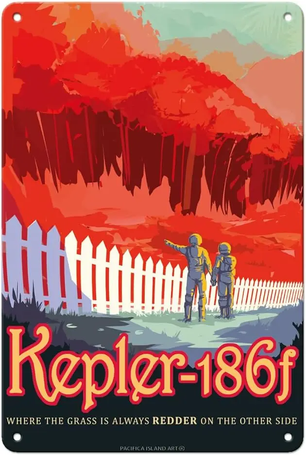 Pacifica Island Art Kepler-186f - Where the Grass is Always Redder on the Other Side - Exoplanet Travel Poster -  Vintage Metal