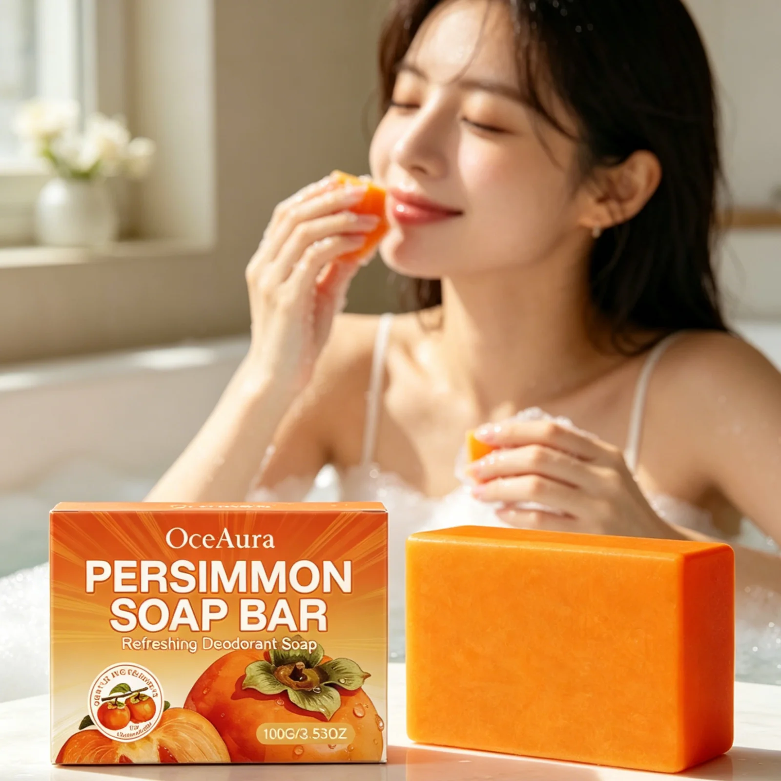 OceAura Persimmon Soap Bar Effective Cleaning Smoothing Skin Refreshing Rich Creamy Foam Mild Fragrance Persimmon Deodorant Soap