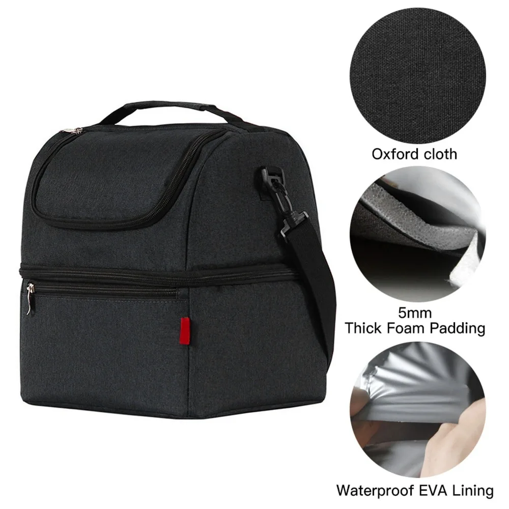 600D Oxford Fabric Insulated Lunch Bag Shoulder Strap Dual Compartment Dual-Deck Cooler Box Waterproof Coating Large Capacity
