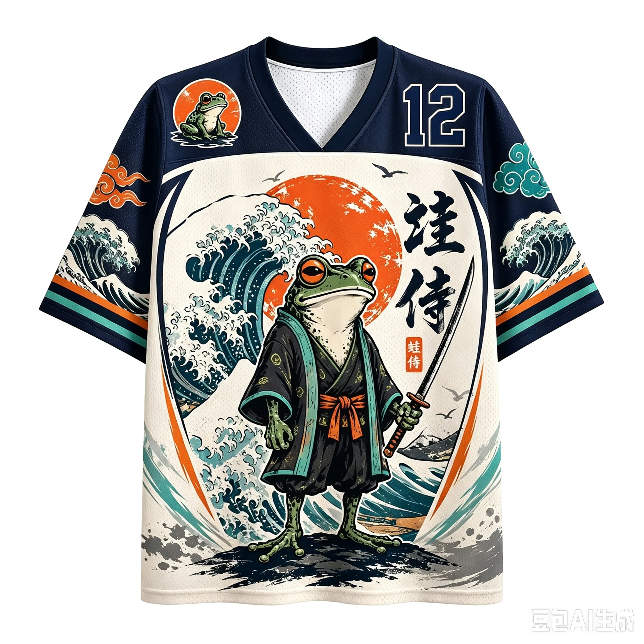 Vintage Samurai Frog Animal Jersey Shirt Unisex Short‑Sleeve Tee Great Wave Kanji Print Retro Oriental Street Fashion Tops