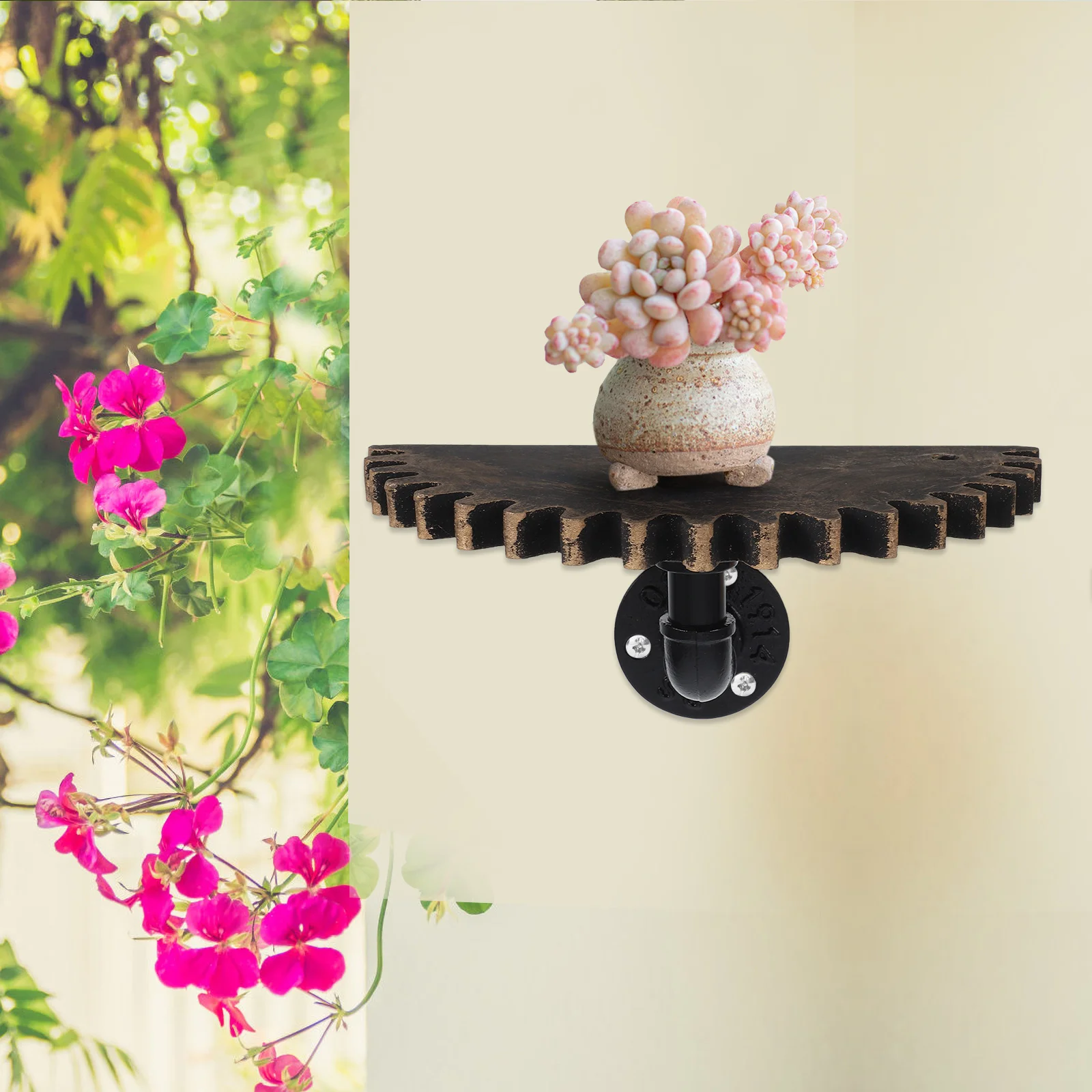 

Vintage Water Pipe Wall Shelf Industrial Gear Rustic Floating Partition Display Rack for Books Plants Home Decor