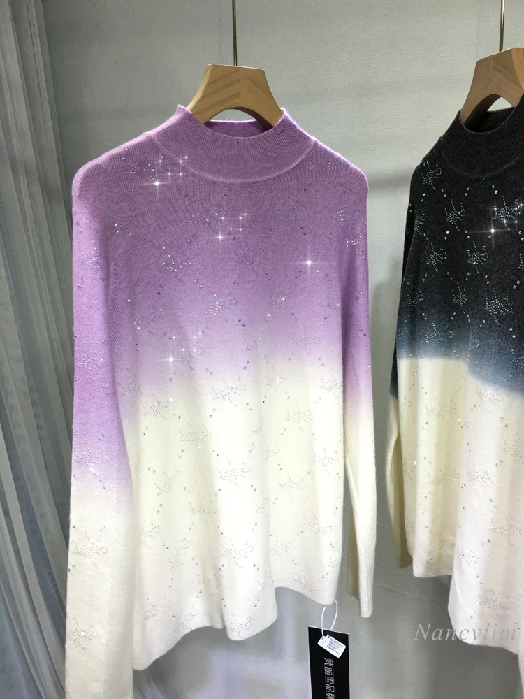 

European Goods Rhinestone Sweater Women Heavy Embroidery Hot Drilling Sweater Autumn Winter Tie-Dyed Half Turtleneck Sweater Top