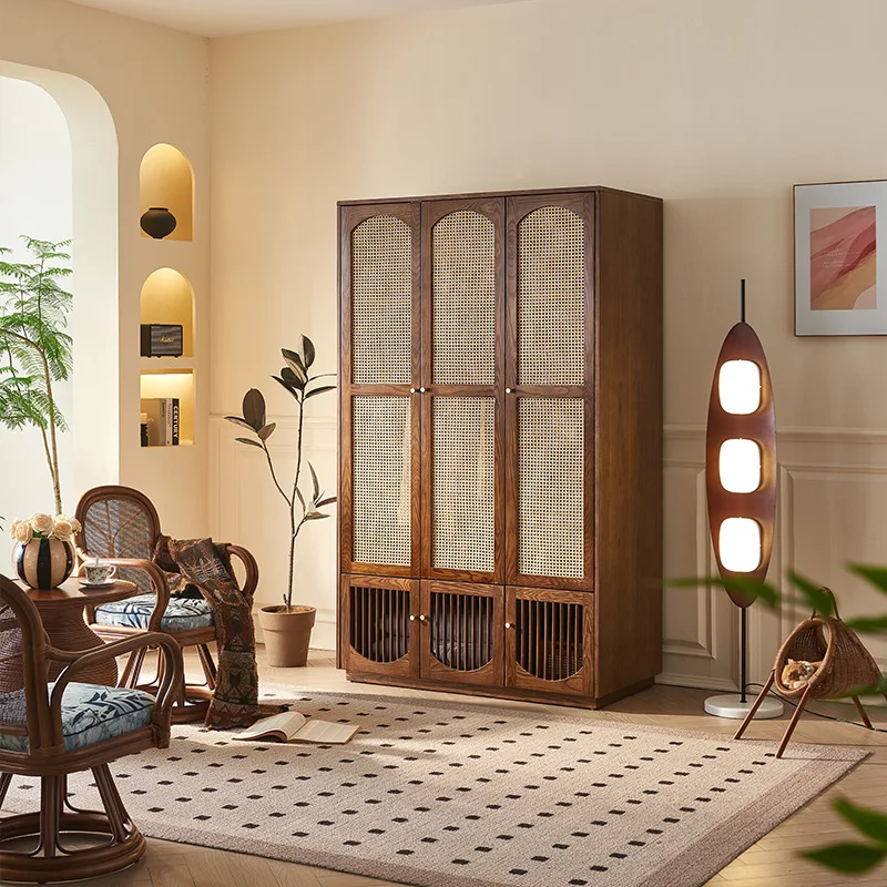 

Medieval rattan solid wood wardrobe combination large capacity multi-specification wardrobe multi-functional partition bedroom