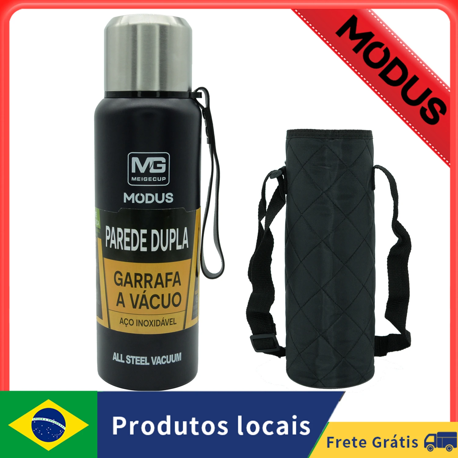 MODUS Garrafa térmica portátil de aço inoxidável, copo isolado a vácuo com corda, 1000, 1500ml