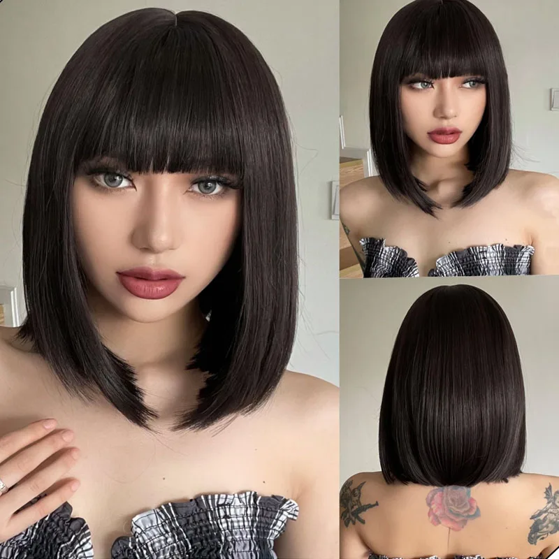 Synthetic short bob wig with bangs breathable hairnet wig 14inch pink bug straight Cosplay Daily Party Wig For Women For Daily