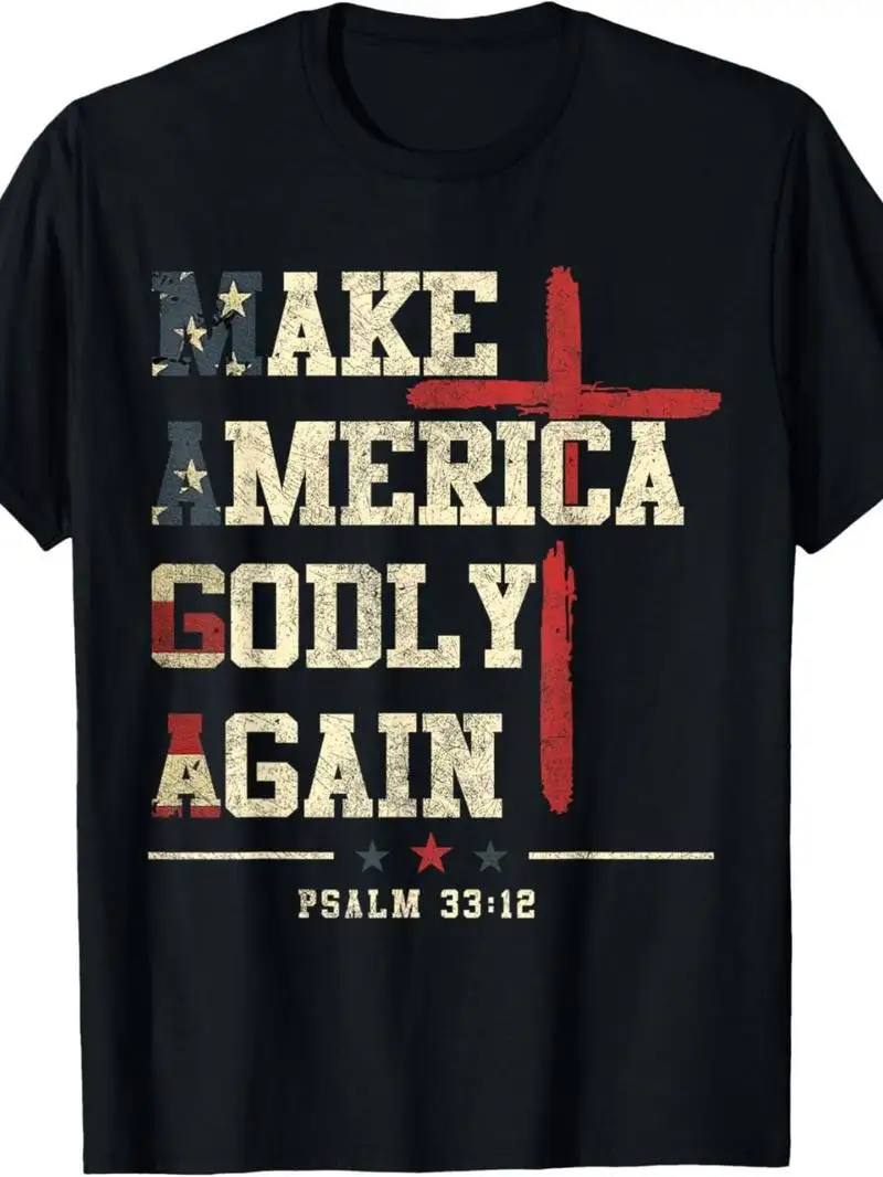 Men Black Crew Neck Graphic Tee Make America Godly Again Cross Religious Golden Text Print Casual For Ladies Short Sleeve Tee